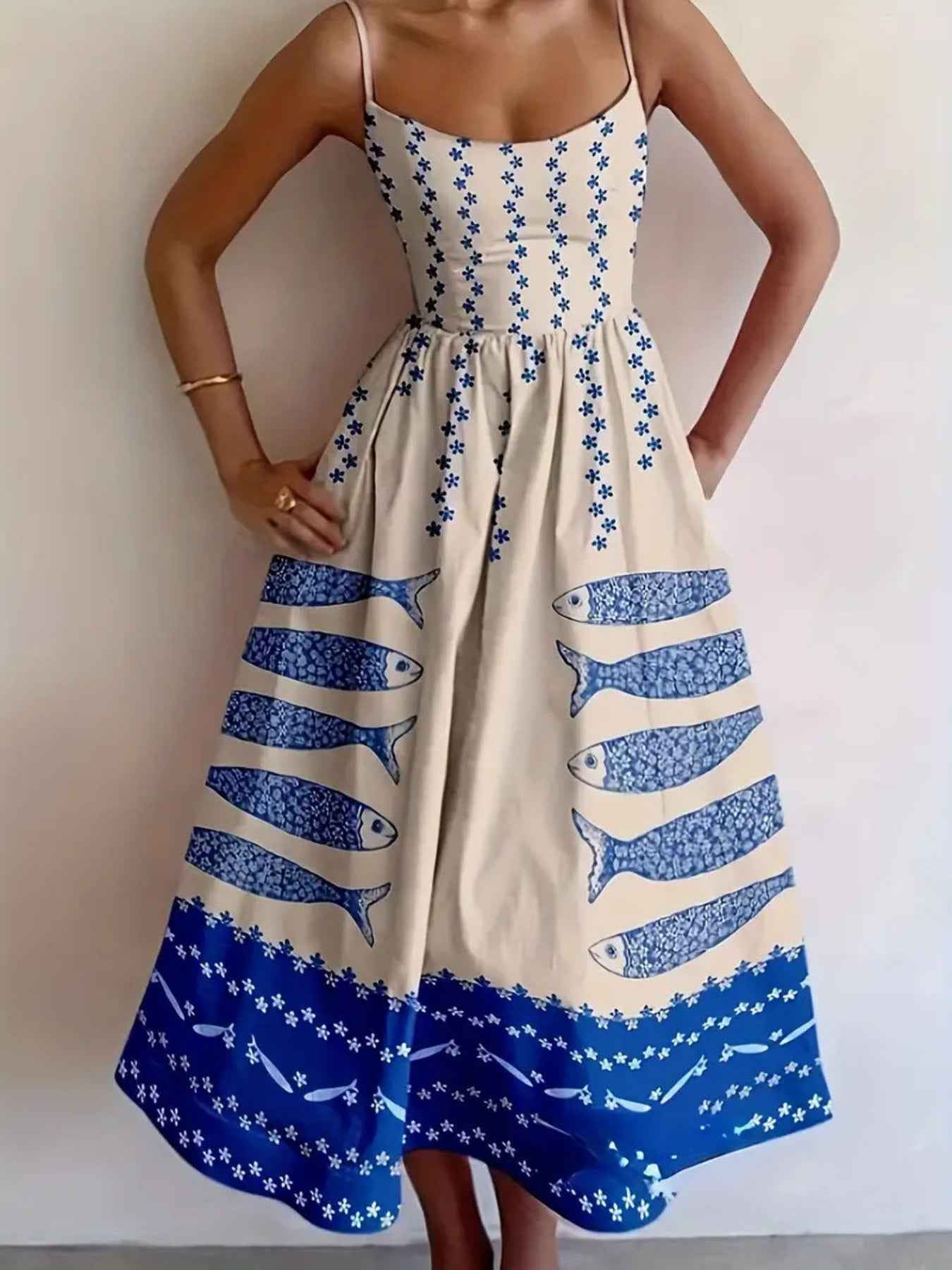 women_fashion - Sardine Print Spaghetti Strap Midi  Smocked Summer Dress midi dress