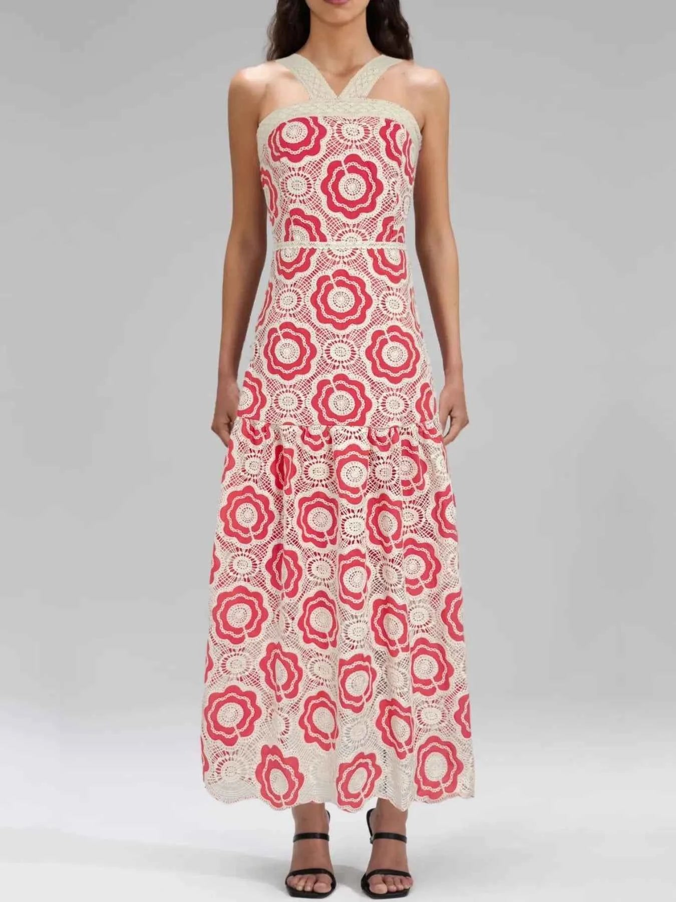 women_fashion - littlescollectionCotton dressLace Sleeveless Cotton Floral Print Tiered Long Dress