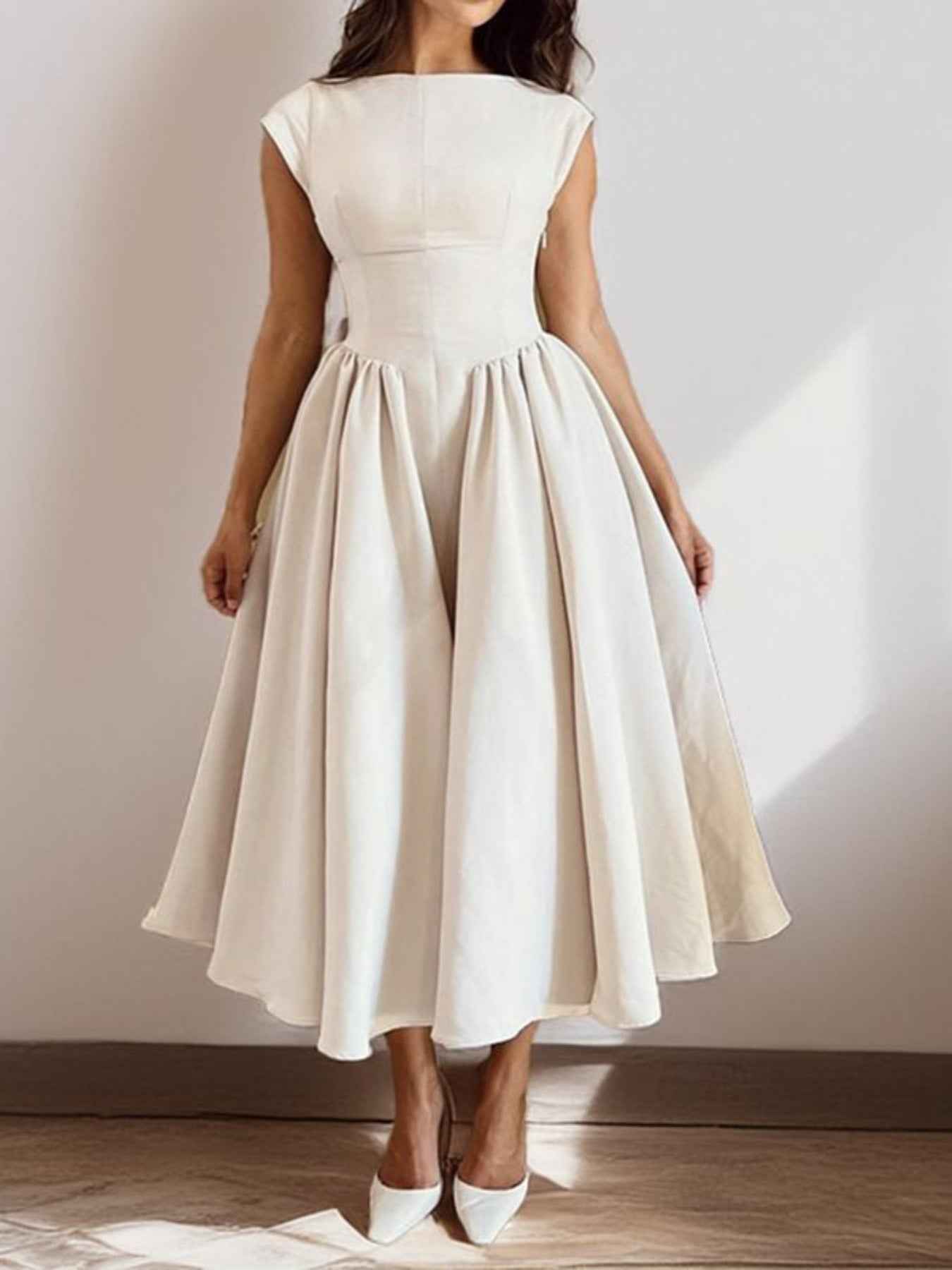Backless A-Line Midi Dress Cap Sleeve Plus Size Women white