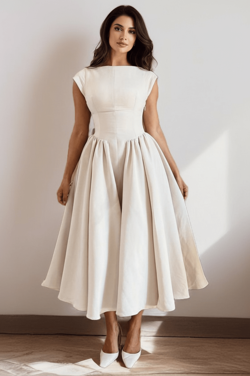 women_fashion - littlescollectionDressBackless A - Line Midi - Cap Sleeve Plus Size Women&