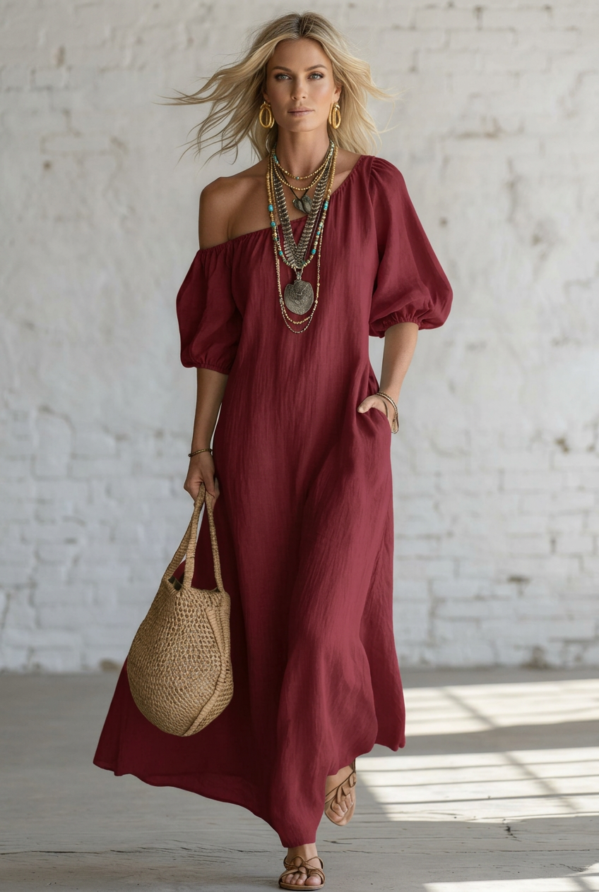 A woman wearing a flowing off-the-shoulder maxi dress in a light cream or red color, styled with layered silver necklaces, gold hoop earrings, a woven straw tote bag, and strappy sandals, standing against a white brick wall.