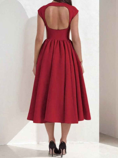 Backless A-Line Midi Dress Cap Sleeve Plus Size Women back view red