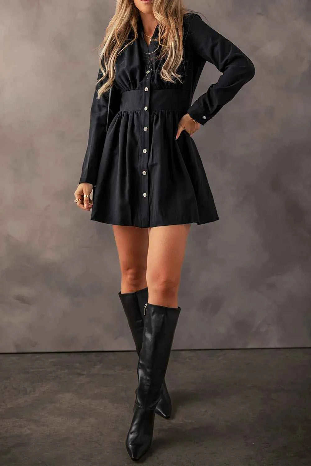 Ruched Button Up Black Dress