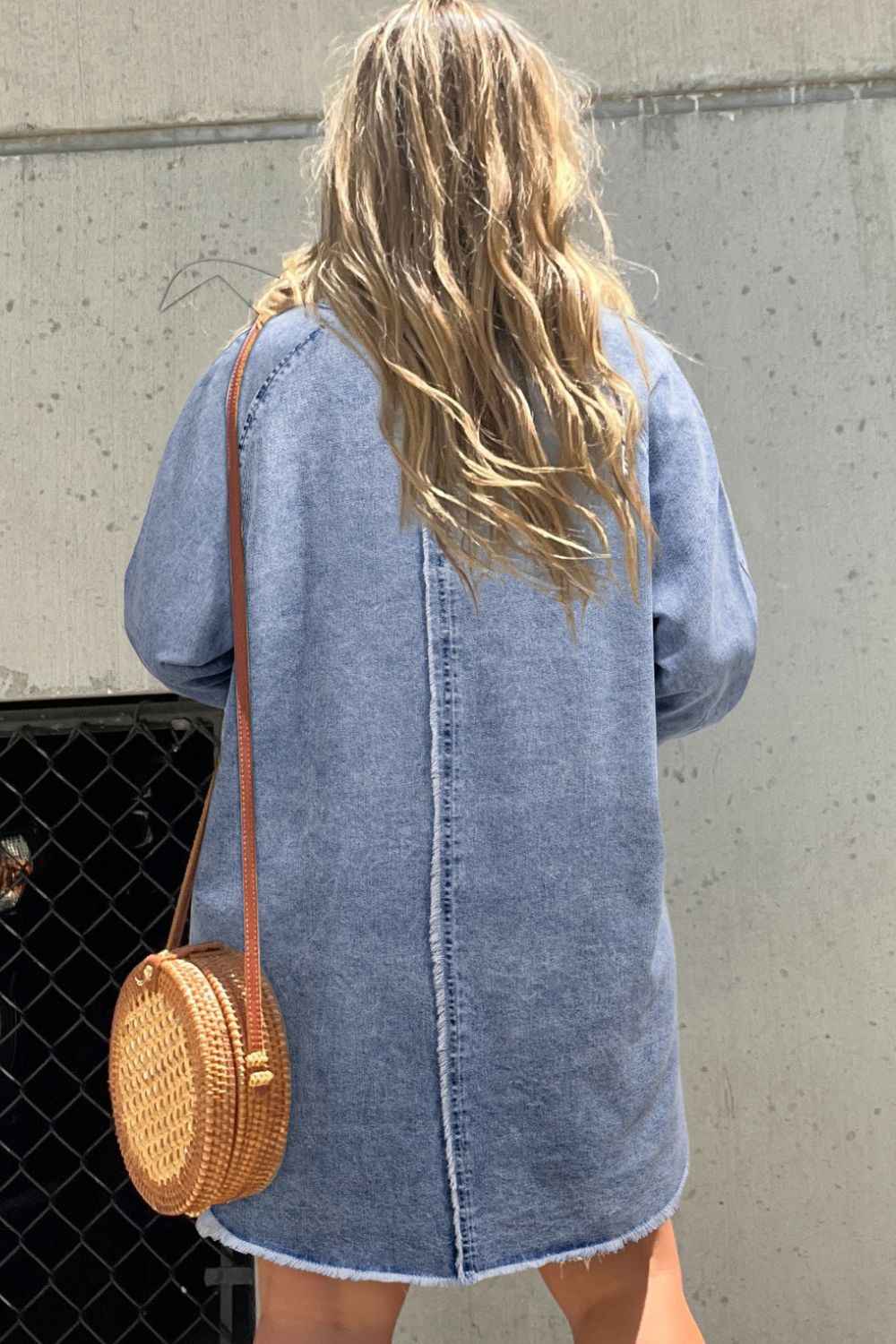 Raw Hem Long Sleeve Denim Cotton Dress