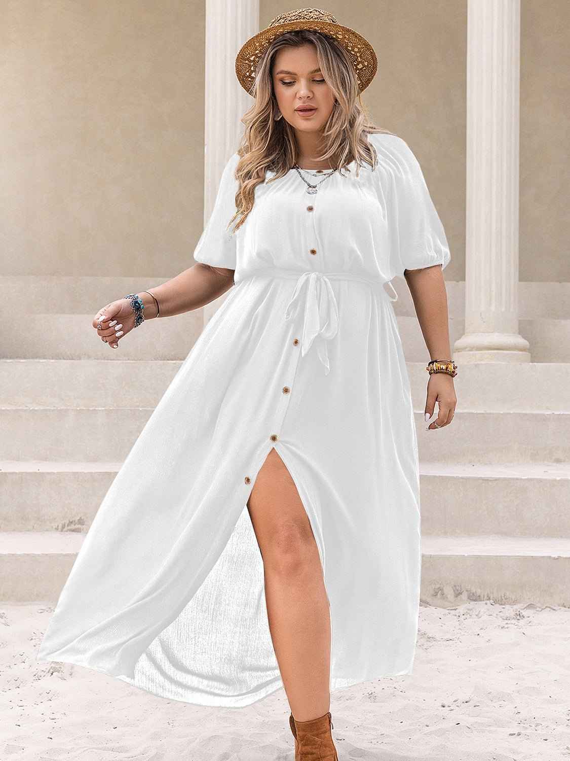 Plus Size Round Neck Slit Dress