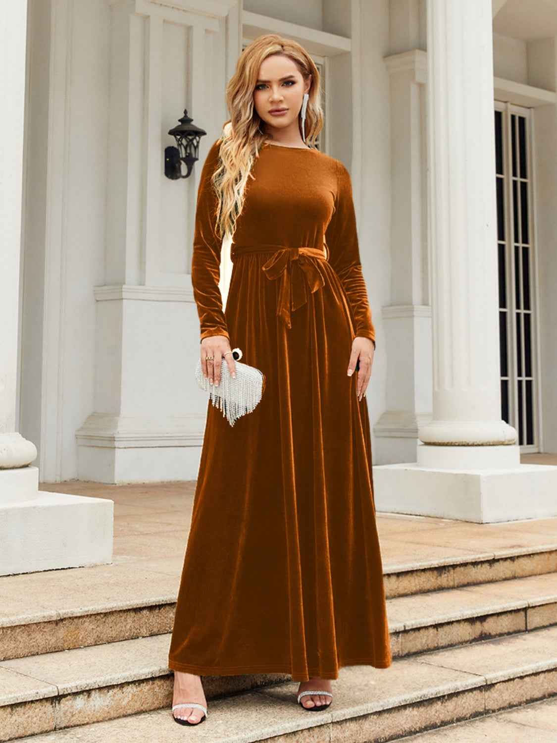 Tie Front Long Velvet Maxi Dress