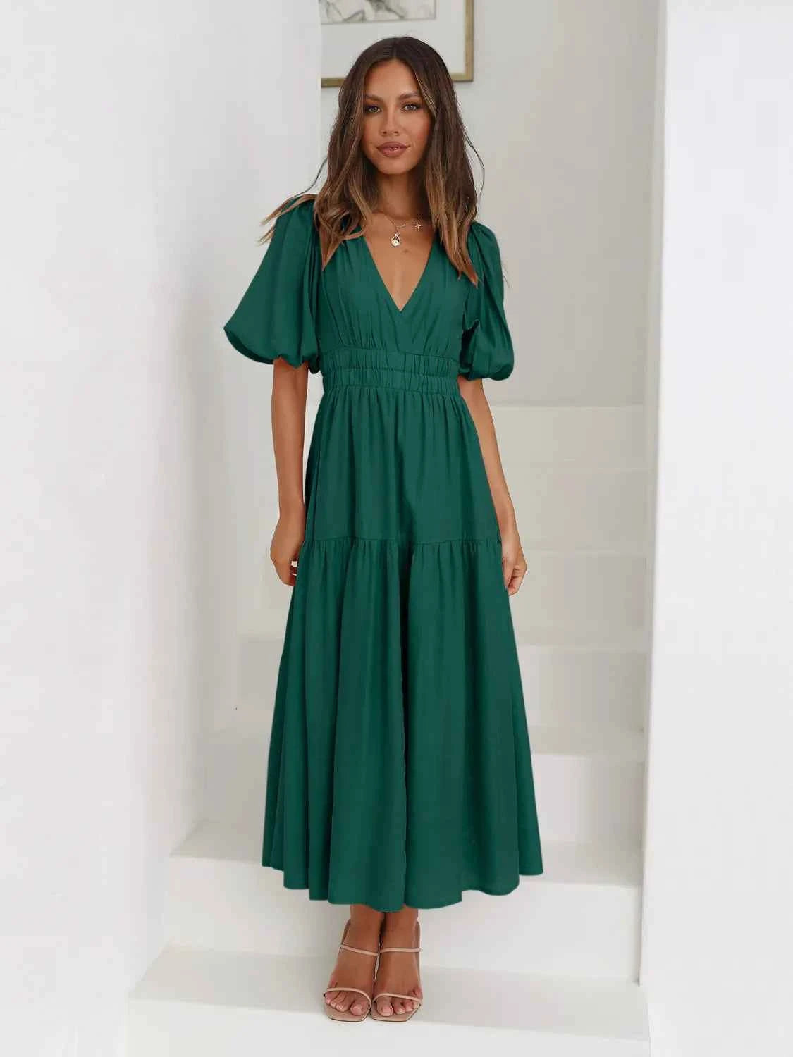 Tiered Surplice Half Sleeve Midi Dress