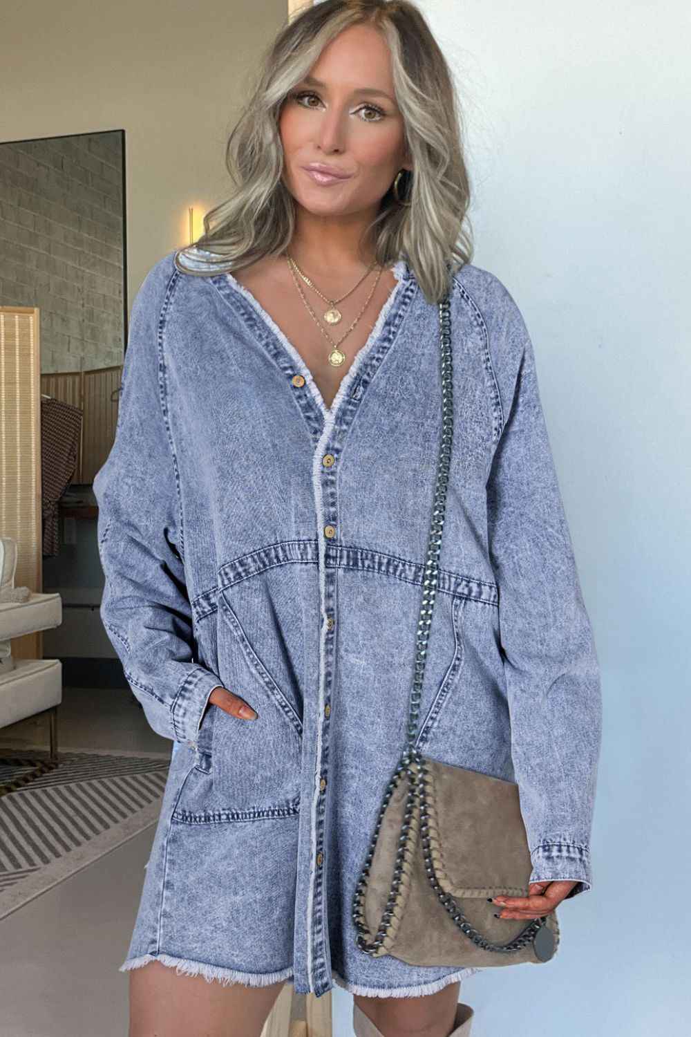 Raw Hem Long Sleeve Denim Cotton Dress