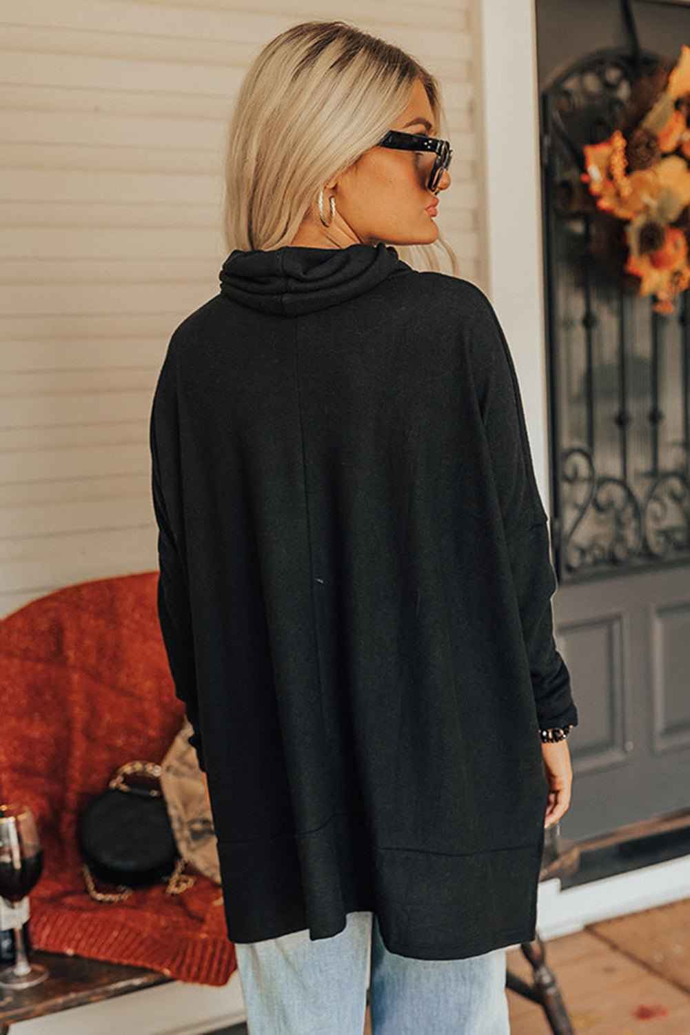 High-Low Cowl Neck Cotton Blend Blouse