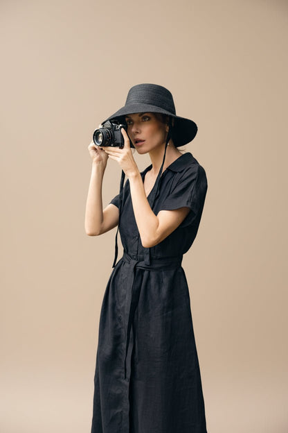 women_fashion - littlescollectionDressArya Safari Pure Linen Midi Shirt Dress in Black Womenblack dress