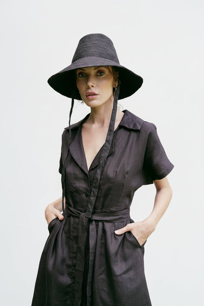 women_fashion - littlescollectionDressArya Safari Pure Linen Midi Shirt Dress in Black Womenblack dress