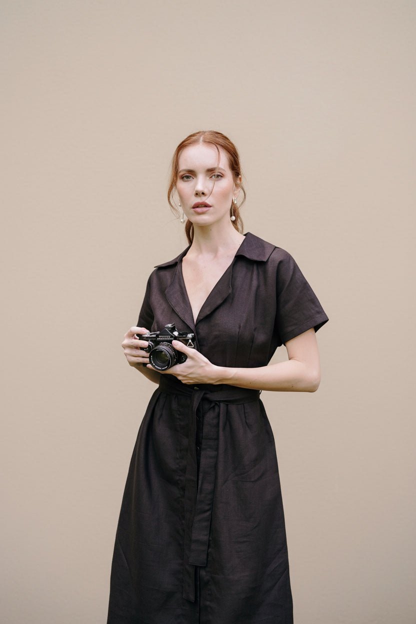 women_fashion - littlescollectionDressArya Safari Pure Linen Midi Shirt Dress in Black Womenblack dress