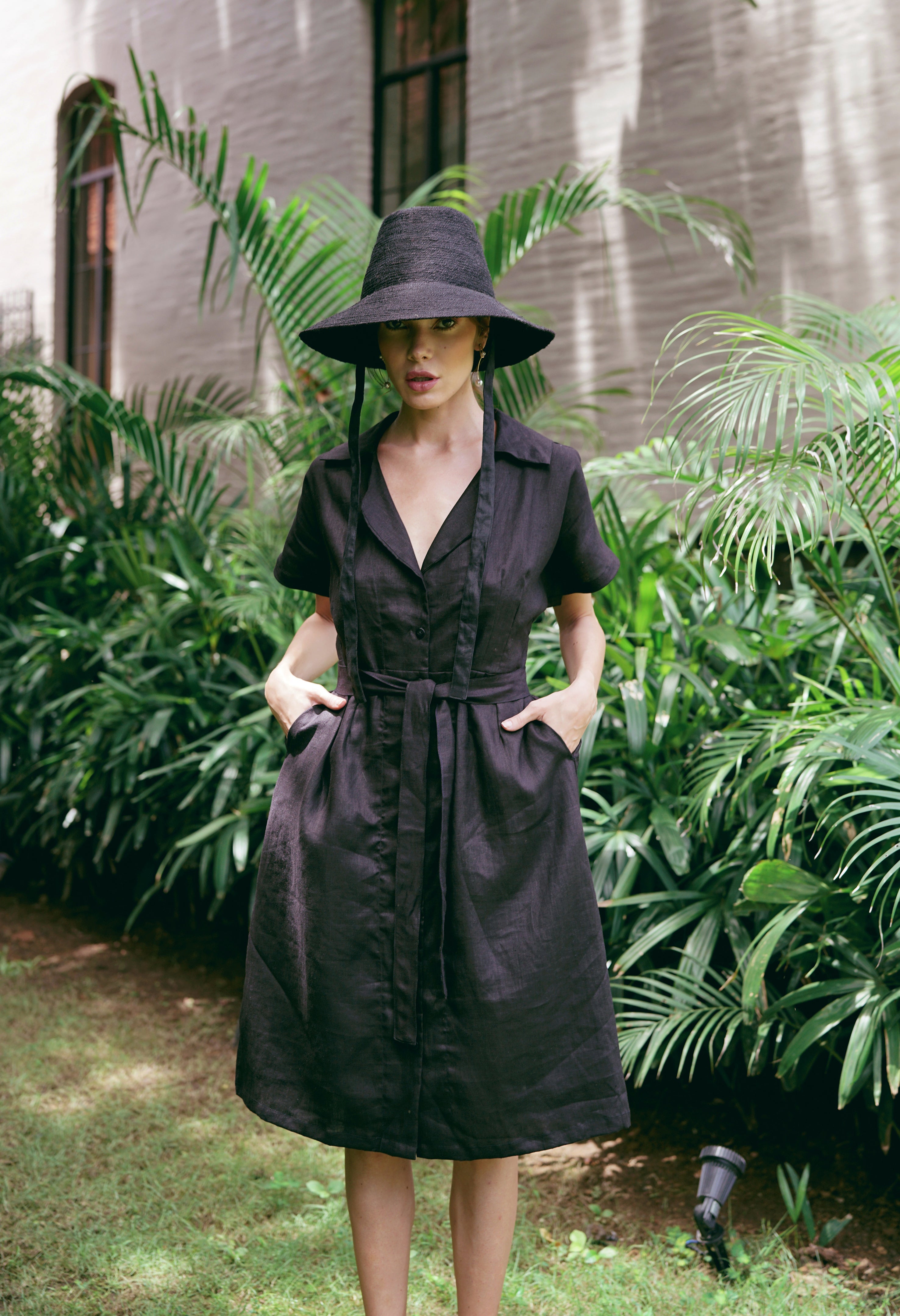 women_fashion - littlescollectionDressArya Safari Pure Linen Midi Shirt Dress in Black Womenblack dress