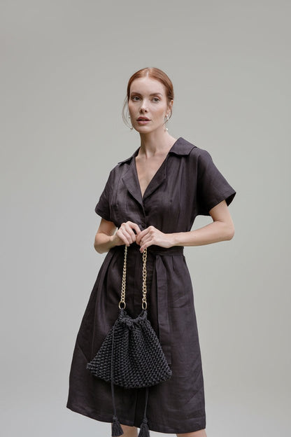 women_fashion - littlescollectionDressArya Safari Pure Linen Midi Shirt Dress in Black Womenblack dress