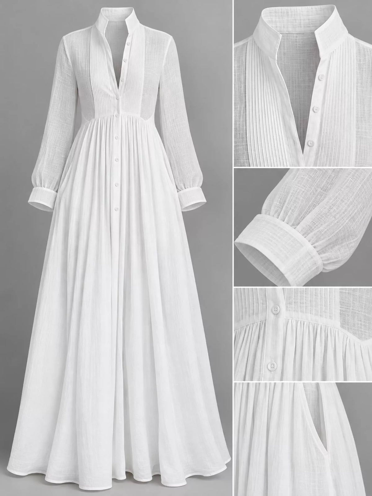 A_product_detail_collage_featuring_a_white_long-sleeve_button-front_maxi_dress_showcasing_a_close-up_of_the_V-neckline_button_placket_buttoned_cuffs_and_pleated_texture.