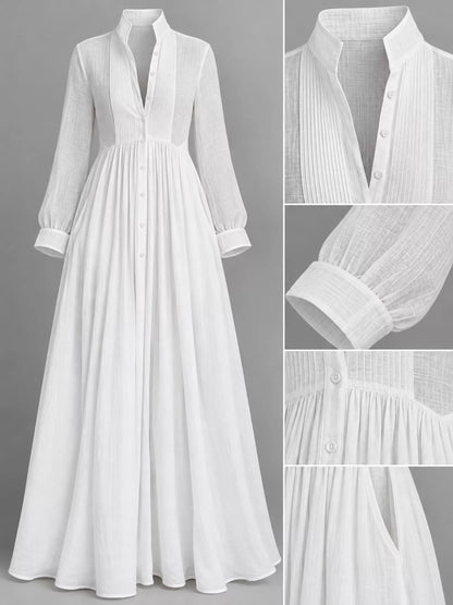 A_product_detail_collage_featuring_a_white_long-sleeve_button-front_maxi_dress_showcasing_a_close-up_of_the_V-neckline_button_placket_buttoned_cuffs_and_pleated_texture.