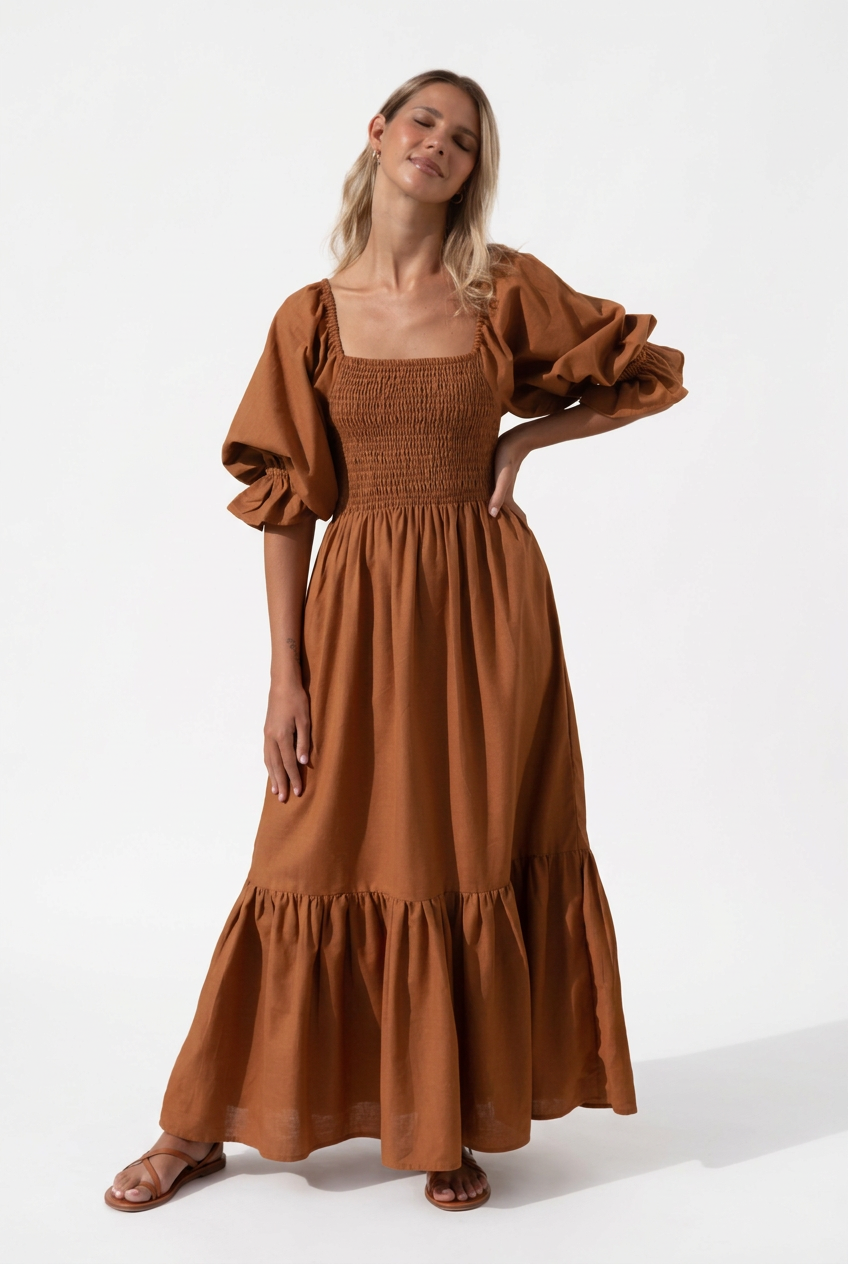 Almeria Smocked Midi Linen Dress