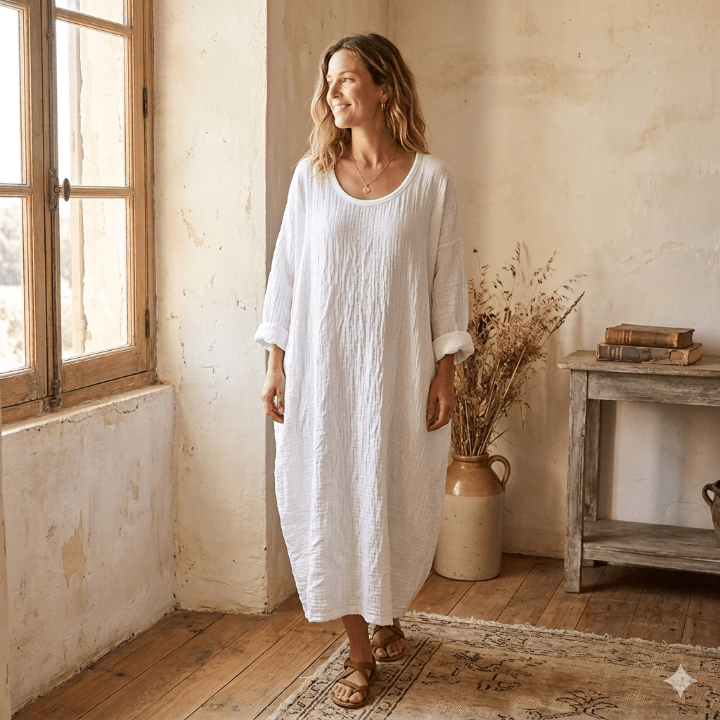 Woman in a white dress standing in a room with wooden floor and window.