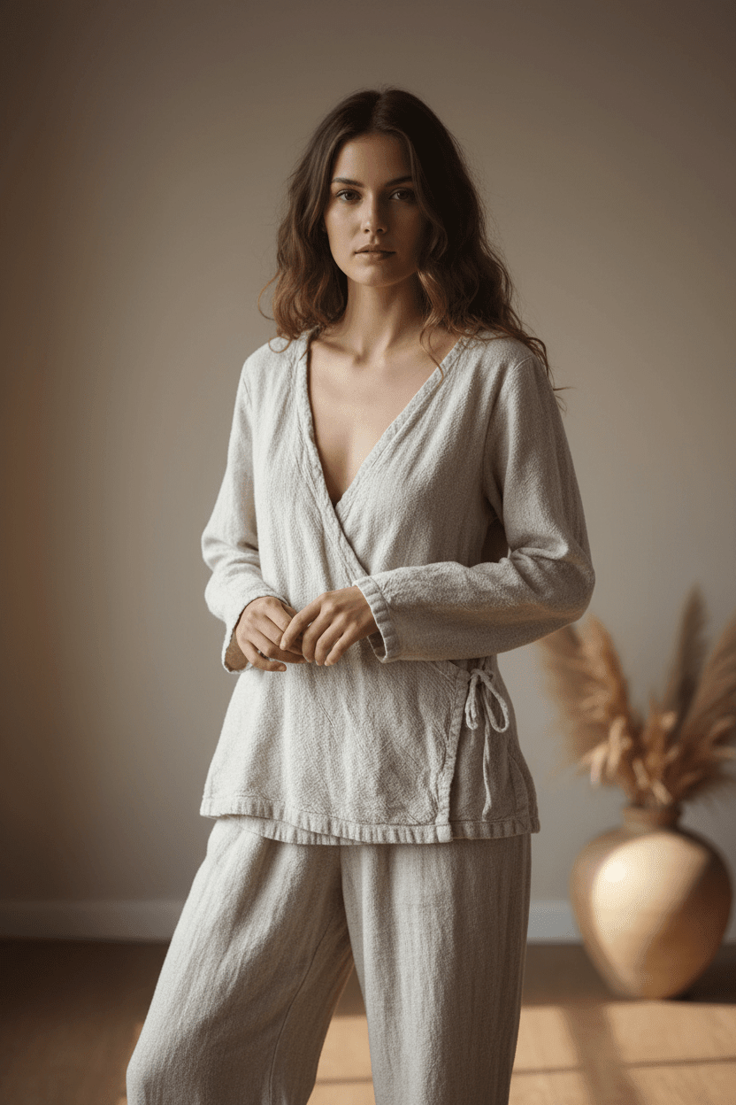 A woman wearing a light beige linen two-piece pajama set with a long-sleeve wrap top and matching loose pants, standing in a softly lit room with a neutral beige wall and a decorative vase in the background.