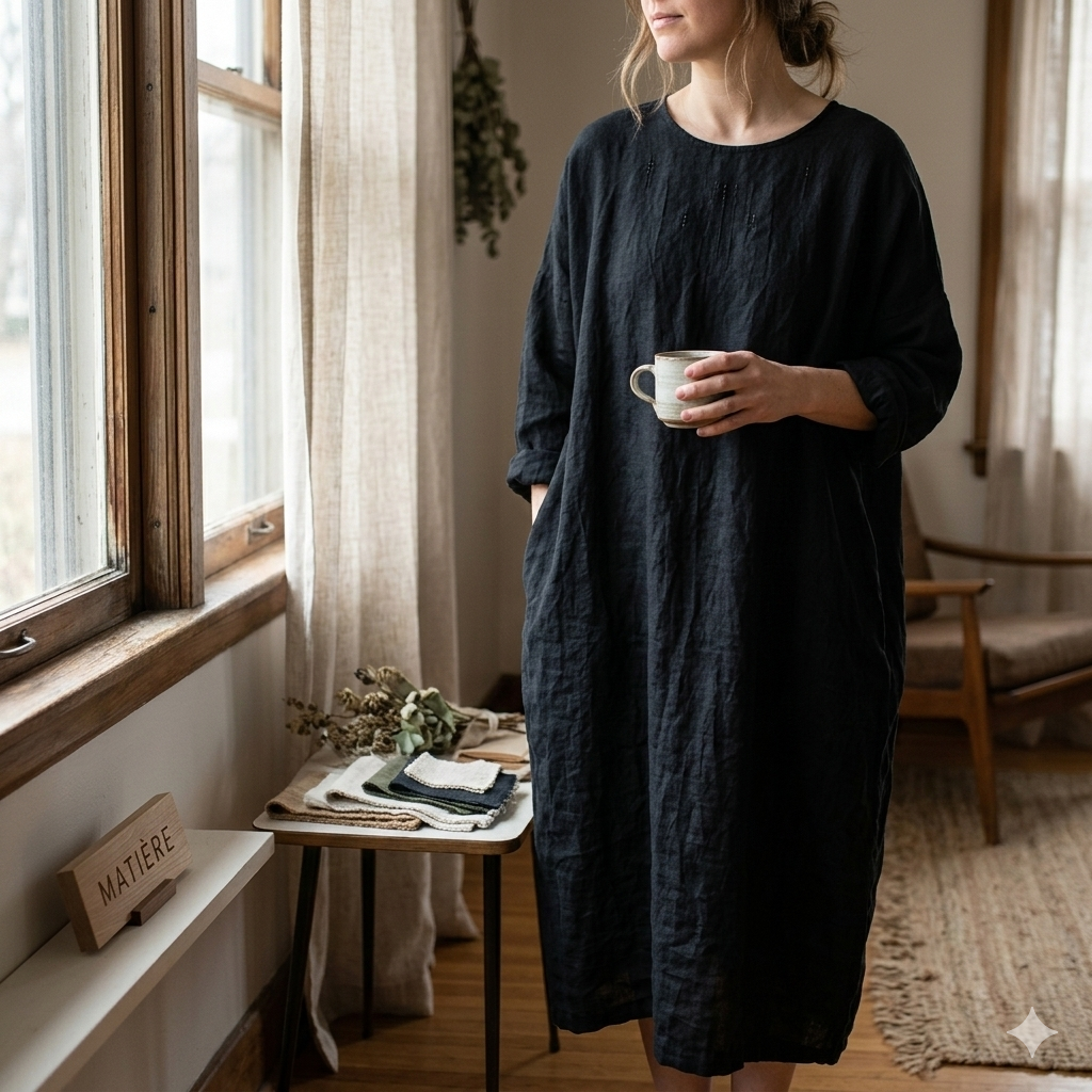 Woman in a dark blue dress holding a mug in a cozy room with a window and table.