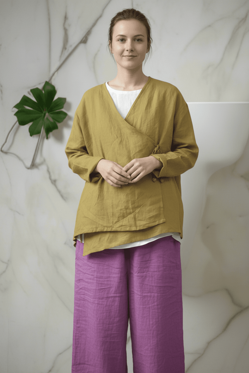 Linen ramie wrap blouse full sleeve