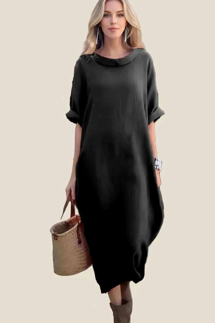 Boho Midi Dress Oversized Round Neck Casual Dress
