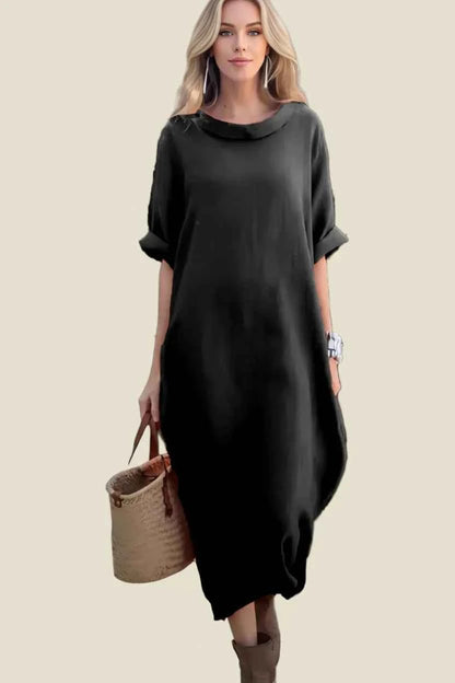 Boho Midi Dress Oversized Round Neck Casual Dress