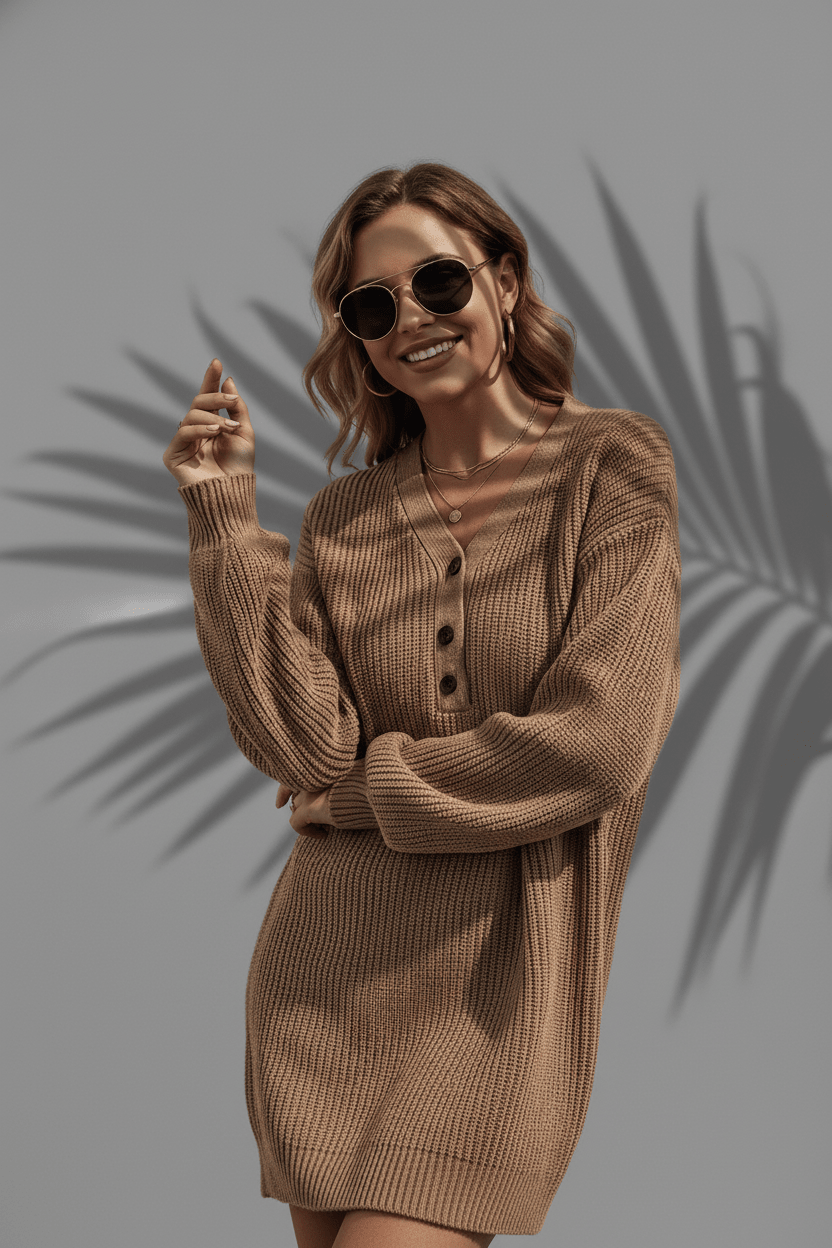 Woman wearing a brown knit dress with sunglasses against a gray background