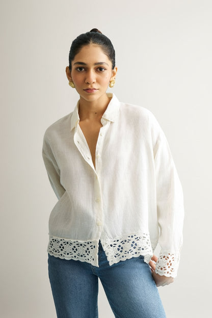 women_fashion - littlescollectionblouseLace Detail Hemp Button Down Shirt in Off - White Womencasual top