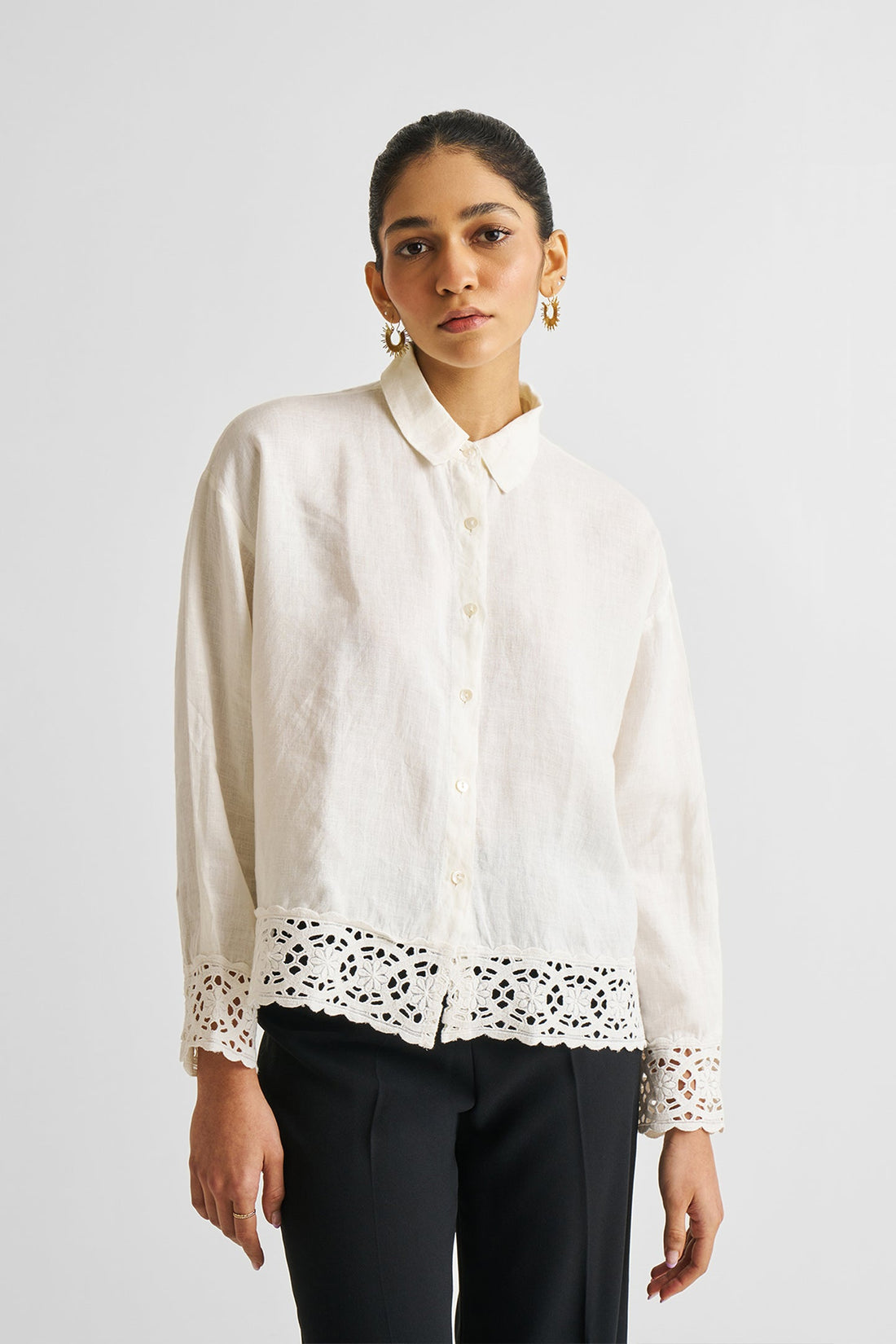 women_fashion - littlescollectionblouseLace Detail Hemp Button Down Shirt in Off - White Womencasual top