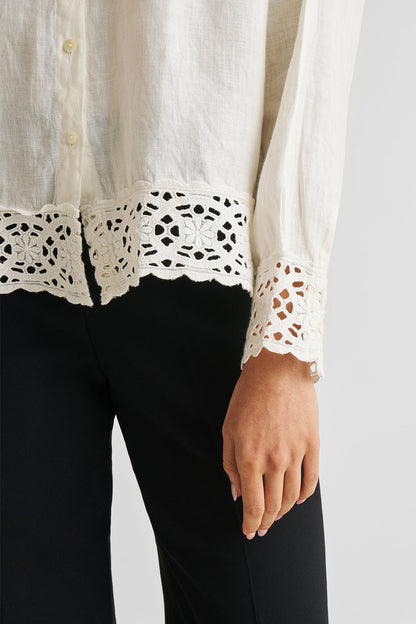 women_fashion - littlescollectionblouseLace Detail Hemp Button Down Shirt in Off - White Womencasual top