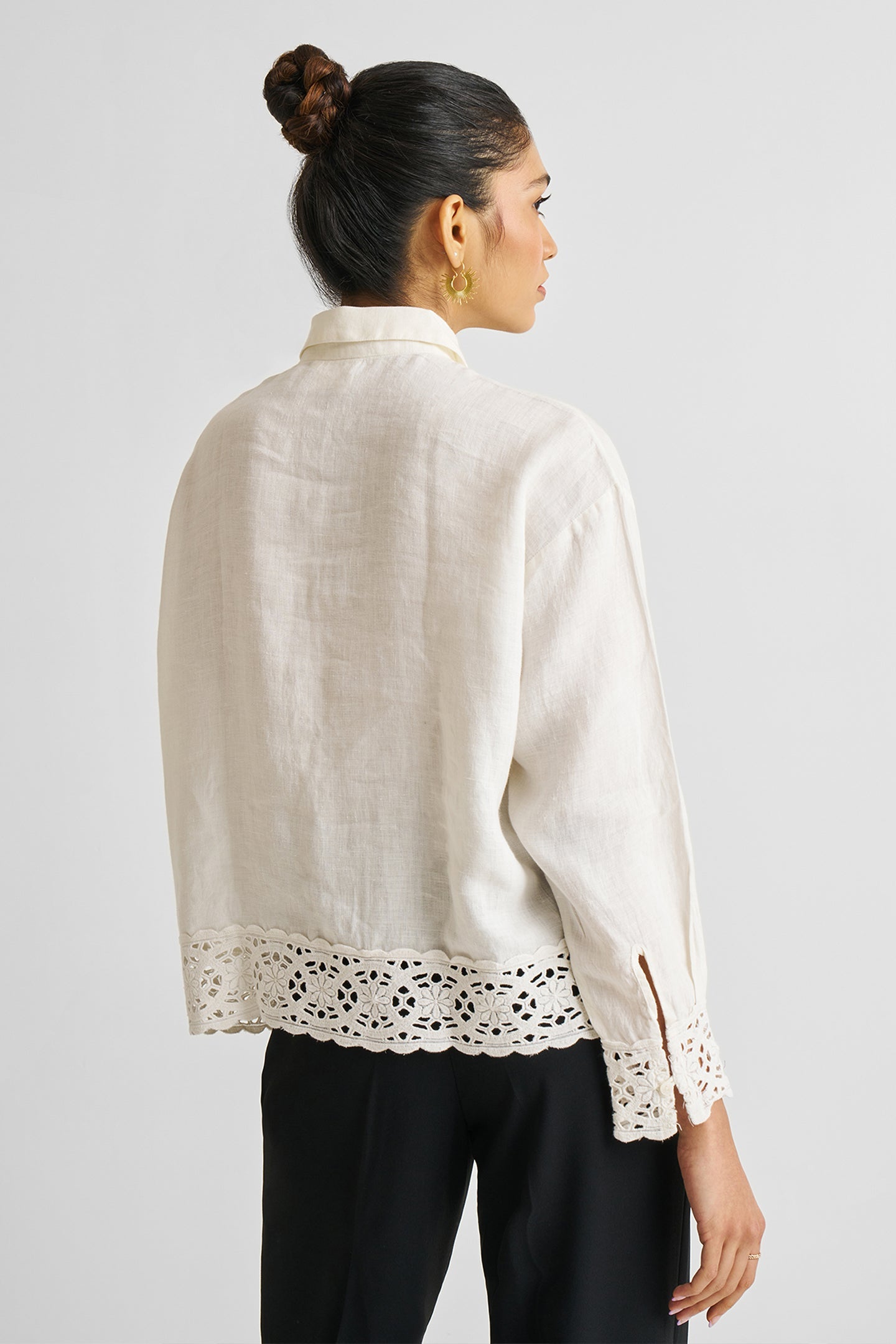 women_fashion - littlescollectionblouseLace Detail Hemp Button Down Shirt in Off - White Womencasual top