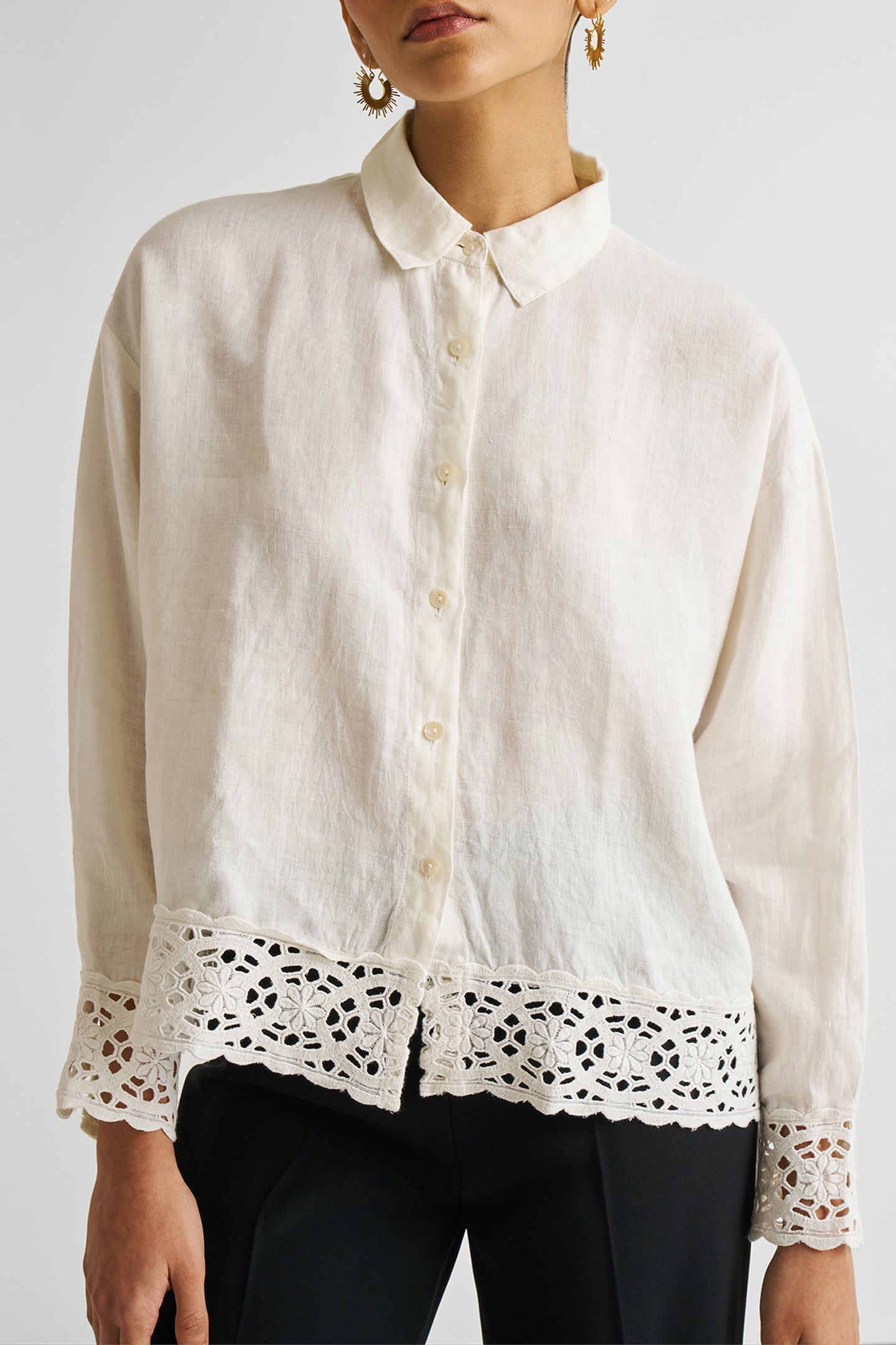 women_fashion - littlescollectionblouseLace Detail Hemp Button Down Shirt in Off - White Womencasual top