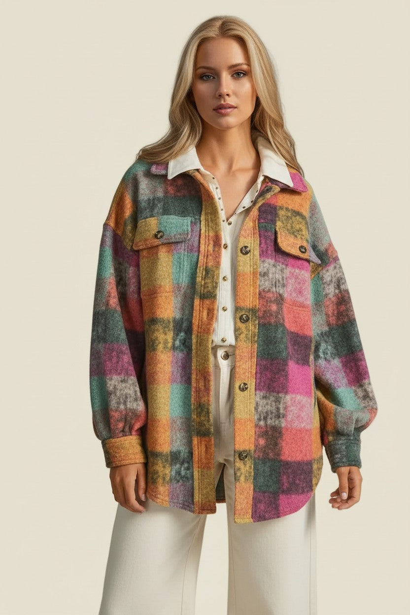 Plaid Fleece Button-Up Shacket Women