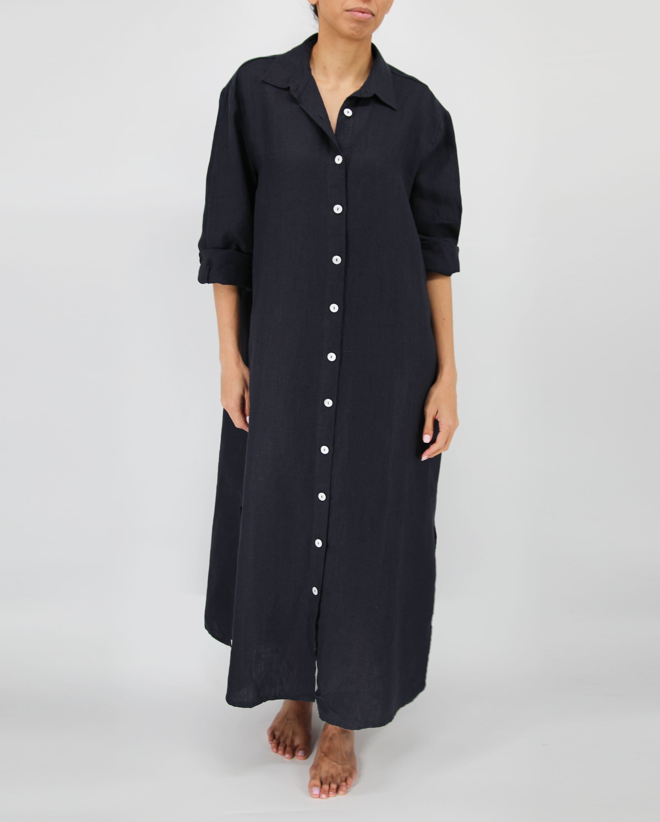 Cotton dress French Linen Maxi Dress with Pockets Women casual maxi dress in charcoal.