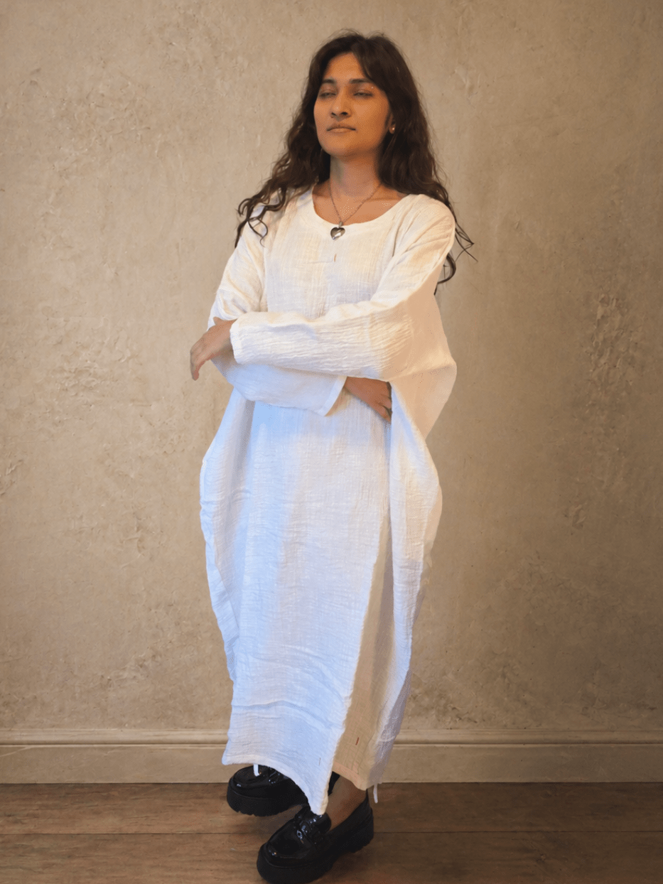 Effortless Batwing Maxi Dress – Linen Blend in white full sleeve.