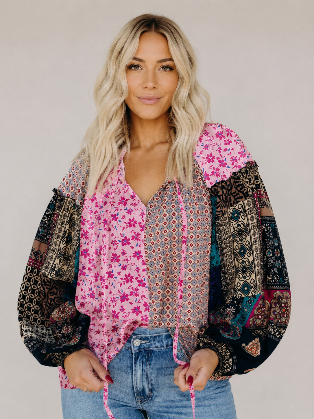 Willow Patchwork Boho Bubble Sleeve Blouse Women