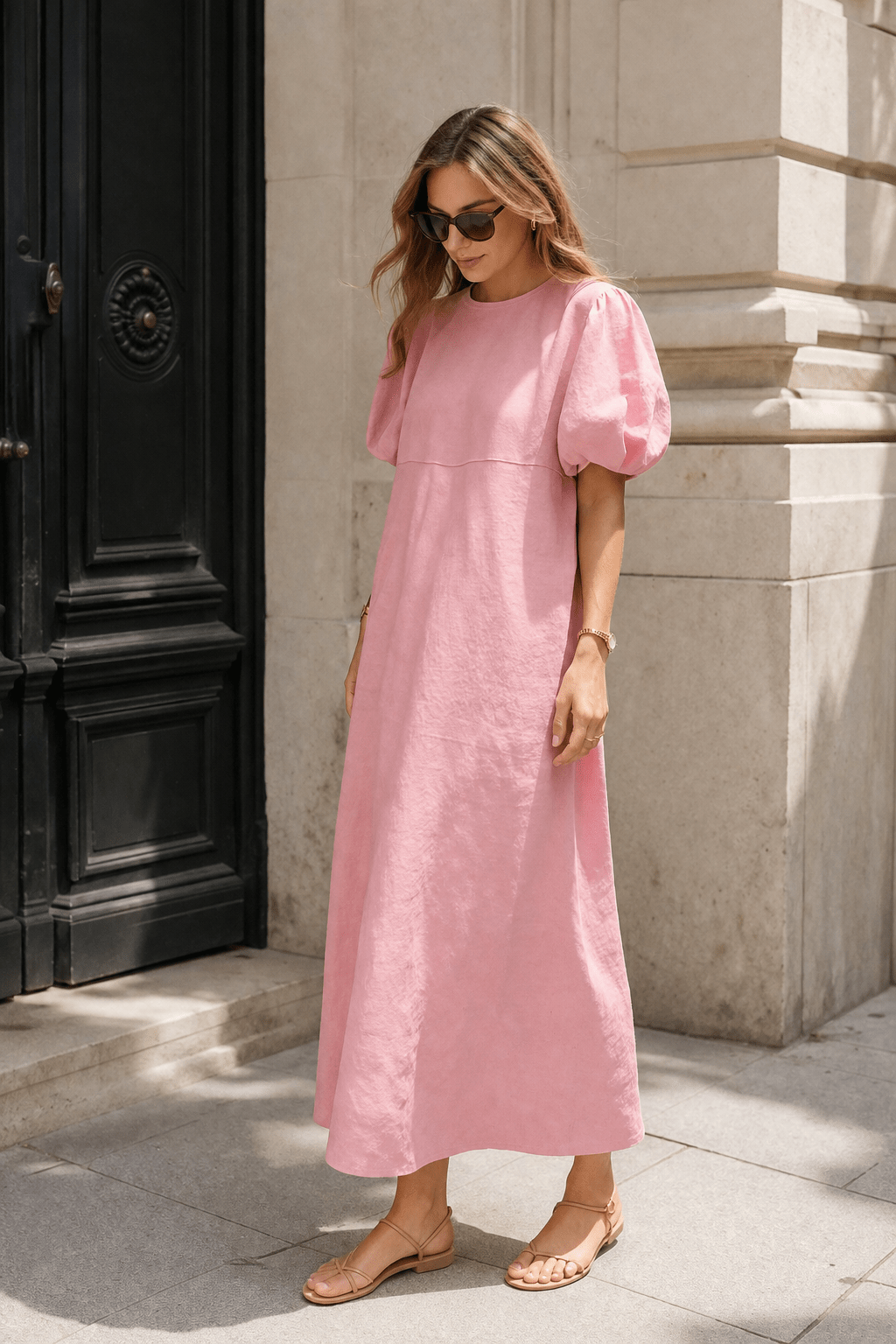 BohoLittlesEdit - Cotton dress - French Vintage Balloon Sleeve Crew Neck Dress - Women