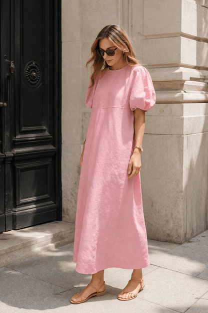 BohoLittlesEdit - Cotton dress - French Vintage Balloon Sleeve Crew Neck Dress - Women