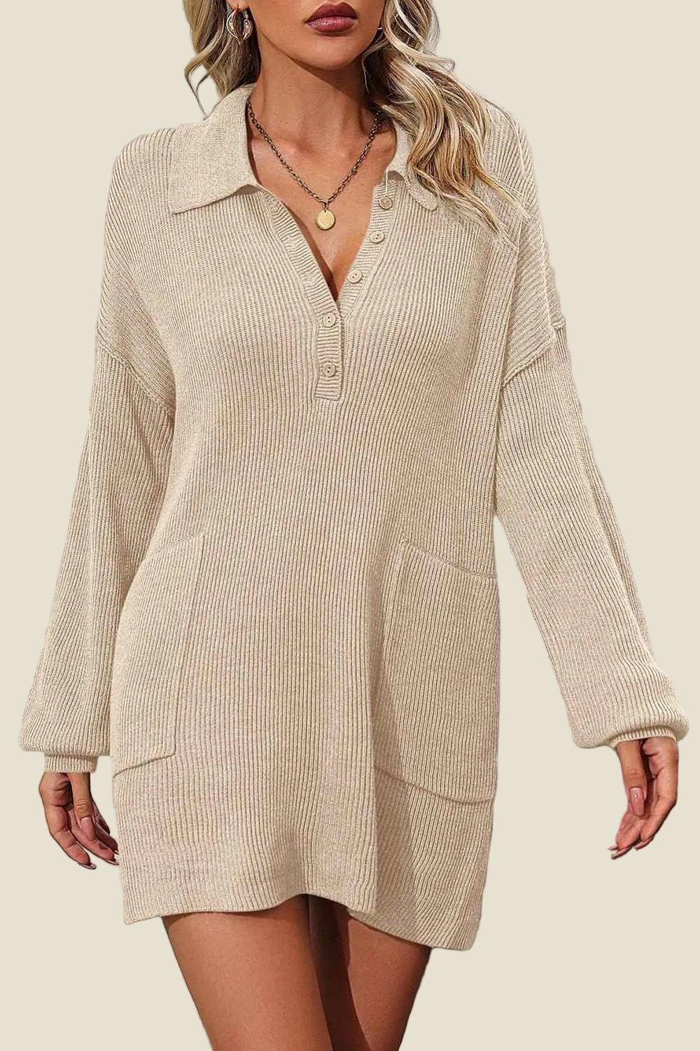 Beige ribbed dress worn by a model on a beige background