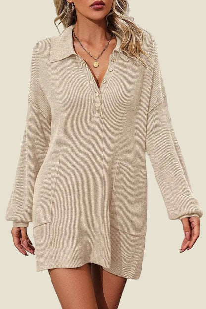 Beige ribbed dress worn by a model on a beige background