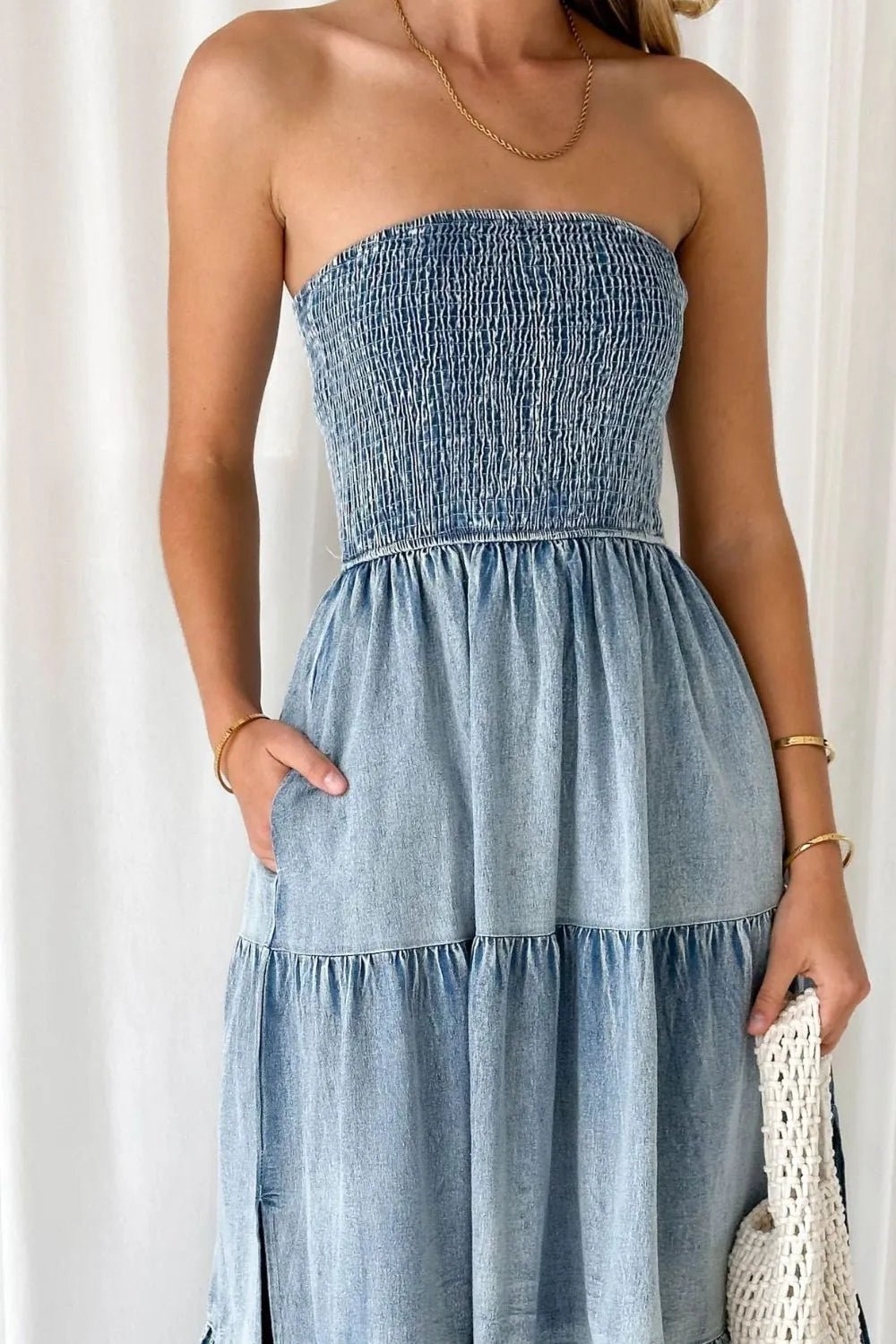 women_fashion - littlescollectionCotton dressSmocked Tube Slit Tiered Denim Dress Womencotton blend dress