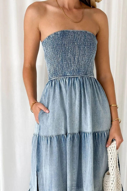 women_fashion - littlescollectionCotton dressSmocked Tube Slit Tiered Denim Dress Womencotton blend dress