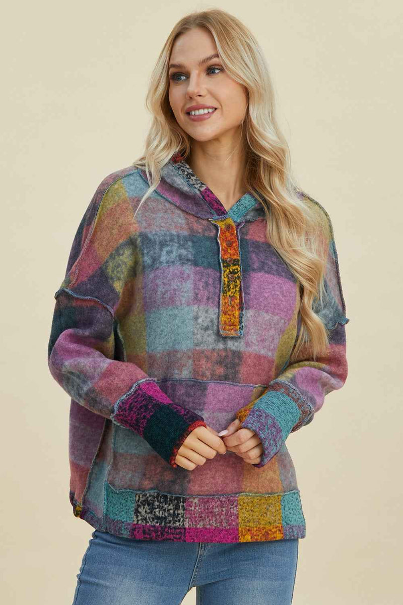 DT Plaid Dropped Shoulder Fleece Hoodie