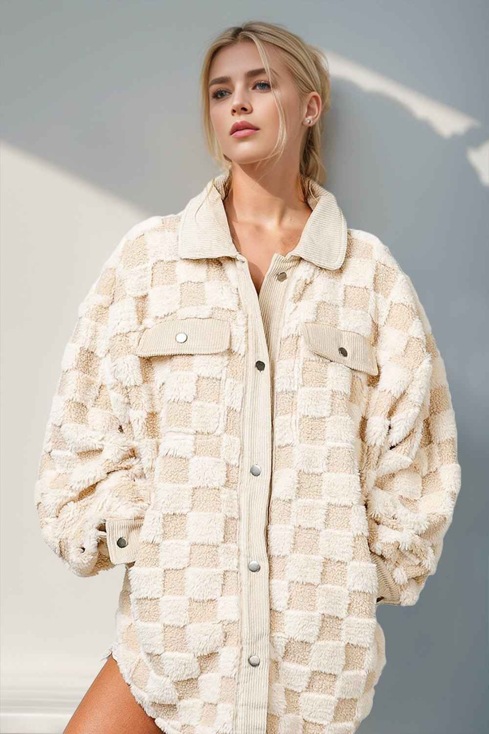 DT Button Up Fuzzy Checkered Jacket
