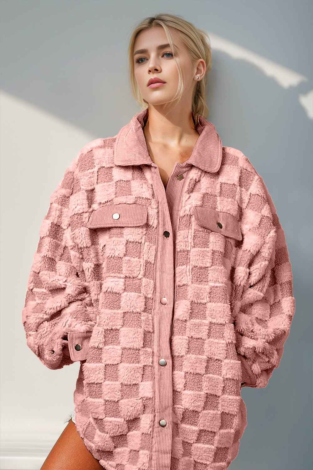 DT Button Up Fuzzy Checkered Jacket
