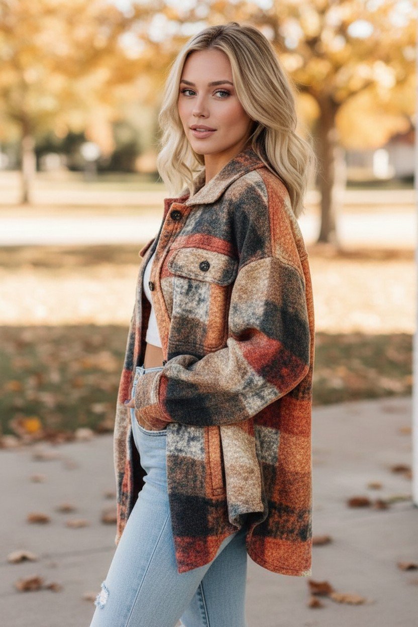 Woman wearing a plaid jacket with autumn colors against a plain background