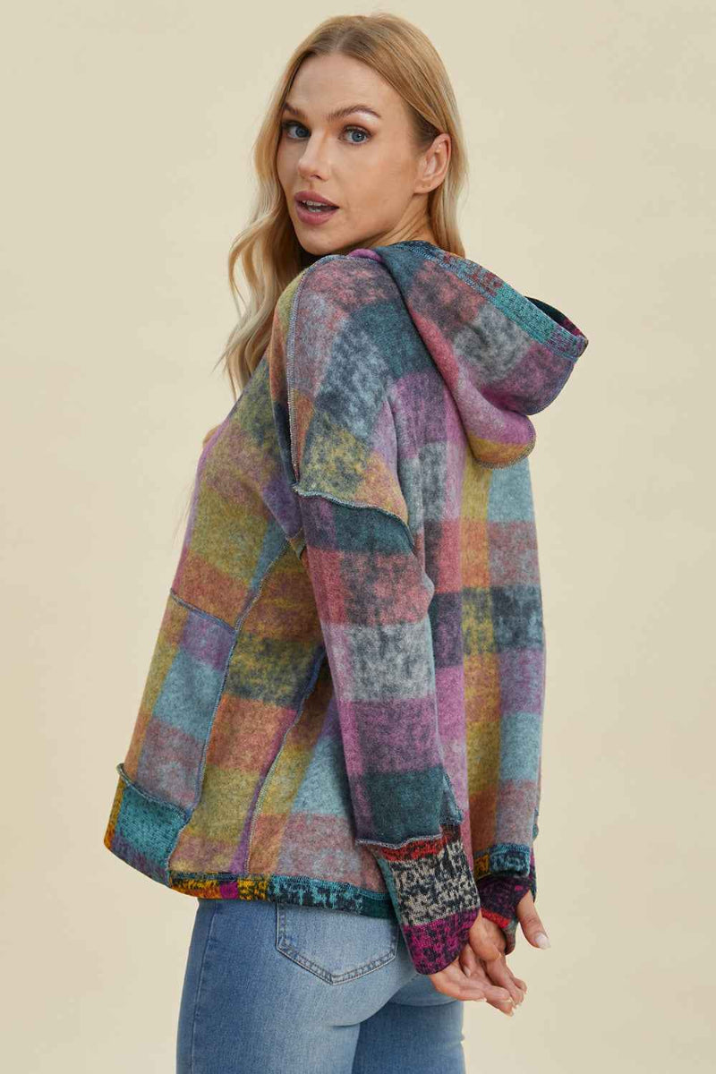 DT Plaid Dropped Shoulder Fleece Hoodie