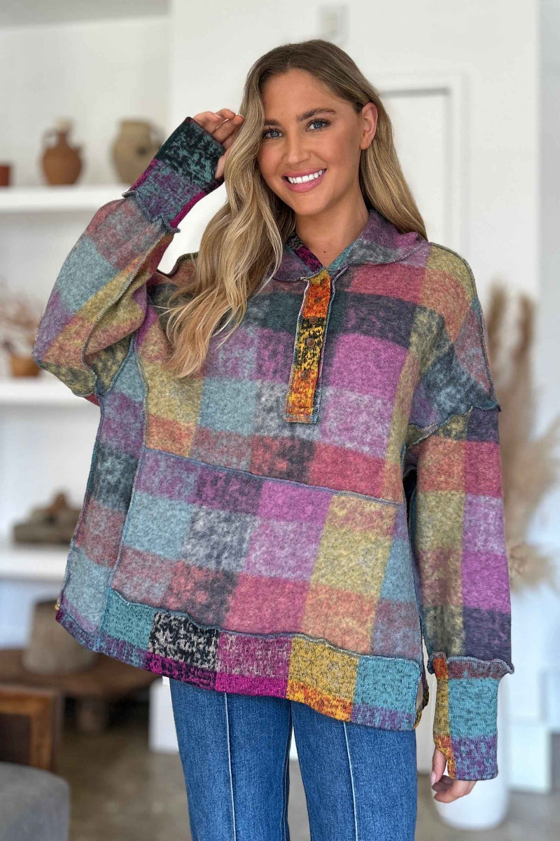 DT Plaid Dropped Shoulder Fleece Hoodie