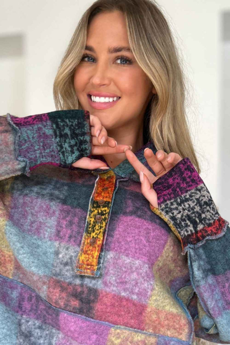 DT Plaid Dropped Shoulder Fleece Hoodie